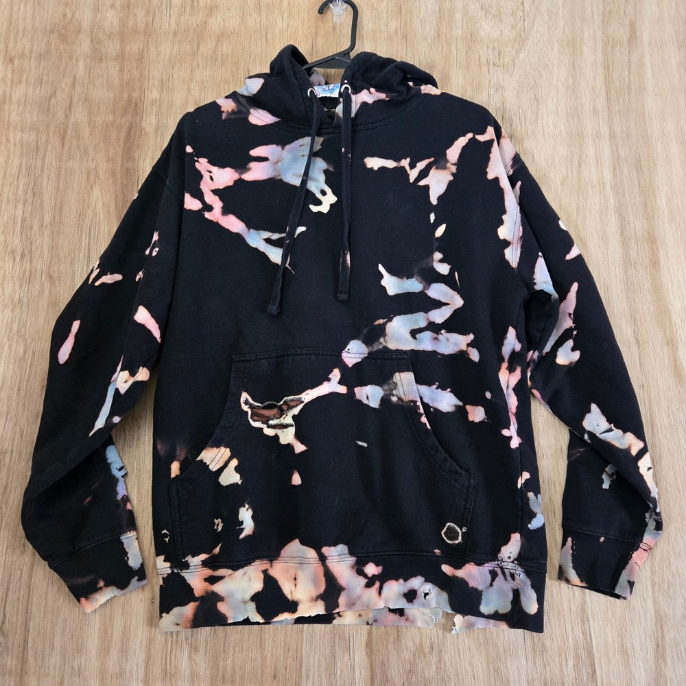 Tie Dye & Tonic Custom Bleach Dye Hoodie Men's M Black Distressed Fleece